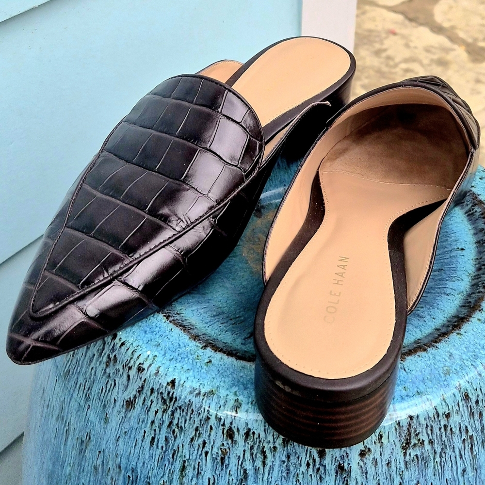 Cole Haan Black Croc-Embossed Leather Mules